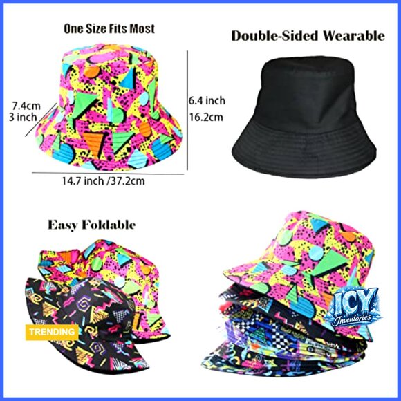 6 Pack Unisex Reversible Bucket Hats, Retro 80s 90s Vintage Print, Foldable main image 5